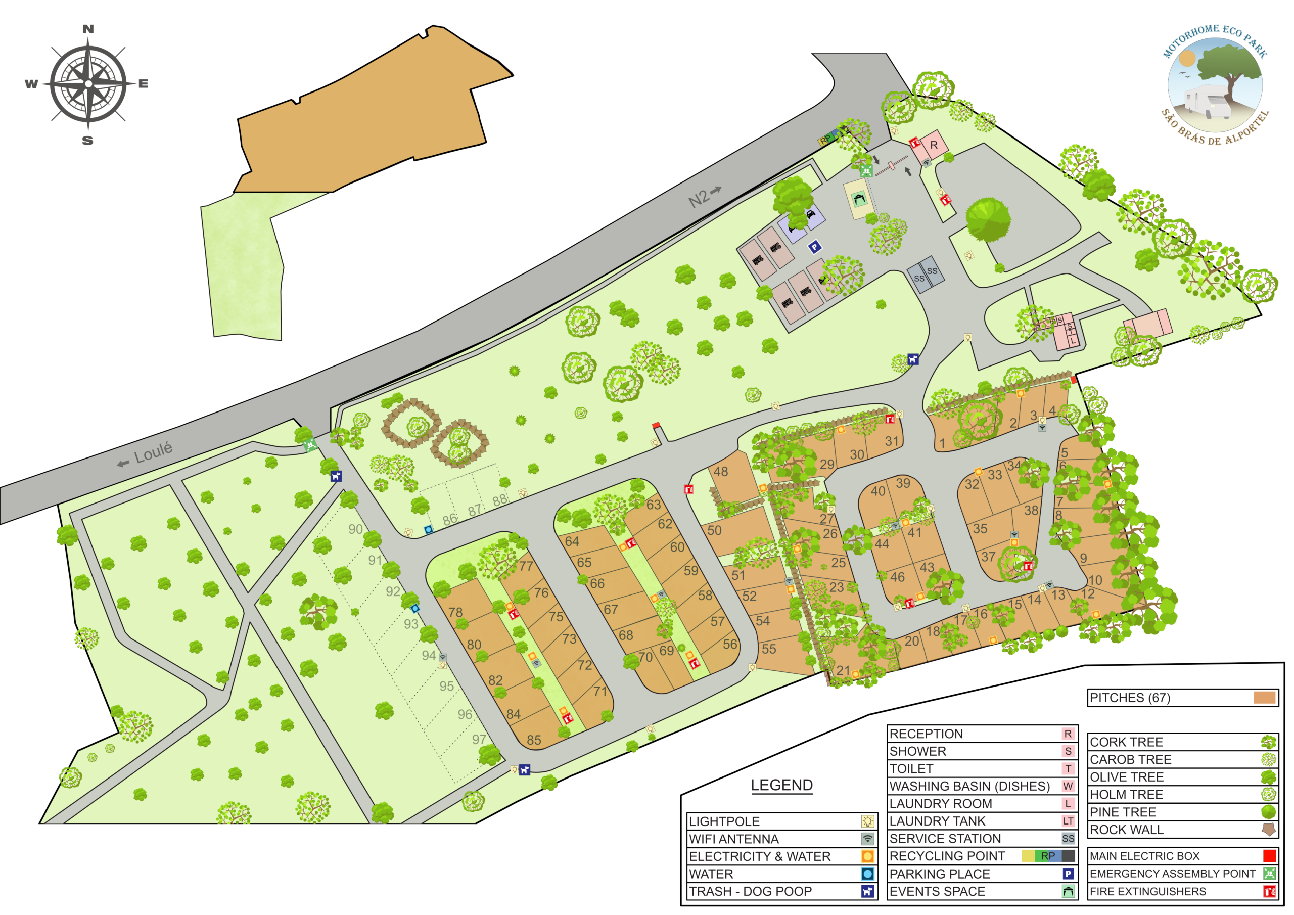 Map of Motorhome Ecopark São Brás de Alportel, showing pitches, reception, sanitary facilities and service points